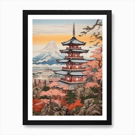 Chureito Pagoda In Yamanashi, Ukiyo E Drawing 3 Art Print