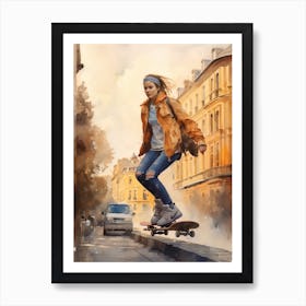 Girl Skateboarding In Helsinki, Finland Watercolour 3 Art Print