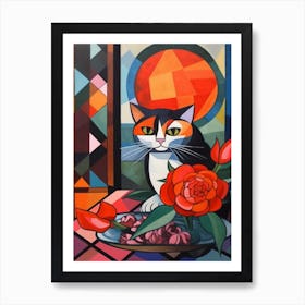 Peony With A Cat 1 Cubism Picasso Style Art Print