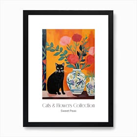 Cats & Flowers Collection Sweet Pea Flower Vase And A Cat, A Painting In The Style Of Matisse 2 Art Print