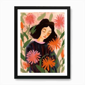 Woman With Autumnal Flowers Bee Balm 3 Art Print