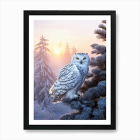 Snowy Owl Perches Tranquil Atop A Frosted Pine Serene Winter Sunrise Backlighting Rays Sifting Sof Art Print