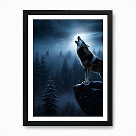 Howling Wolf Center Frame Midnight Wilderness Backdrop Full Moon Casting Silver Illumination Thro (7) Art Print