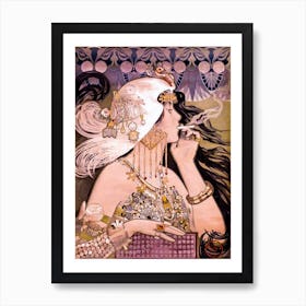 Art Nouveau Woman Smoking Poster by Manuel Orazi for Job Cigarette Papers - Remastered HD Vintage Bar Decor Classy Witchy Stylish White Haired Lady Art Print