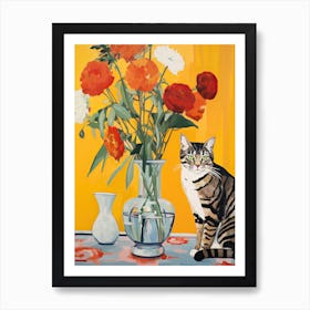 Freesia Flower Vase And A Cat, A Painting In The Style Of Matisse 2 Art Print