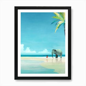 Elephant and the Girl | Beach Vacation Travel Illustration| Sea Ocean Summer Coastal Landscape | Palm Trees Art Print