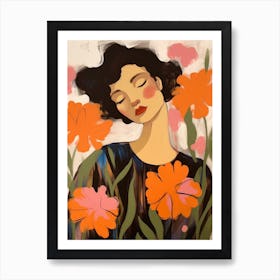 Woman With Autumnal Flowers Carnation 2 Art Print