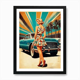 Poster Girl On The Background Of A Retro Car Art Print