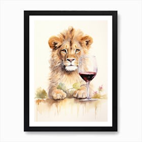 Tasting Wine Watercolour Lion Art Painting 4 Art Print