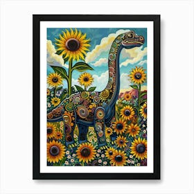 Dinosaur In A Sunflower Field Landscape Painting 2 Art Print