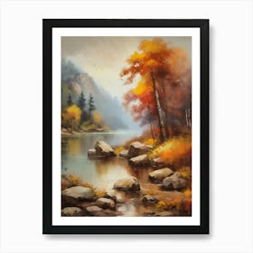 Autumn Lake,Forest Lake, Vintage Oil Painting, Farmhouse Wall Decorations, Antique Landscape, Vintage Landscape Oil Painting.5 5 Art Print