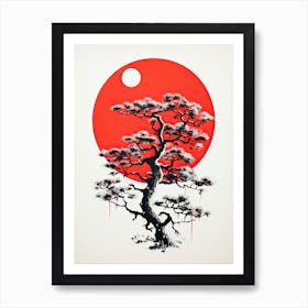 Bonsai Tree and Red Full Moon Vintage Art Print