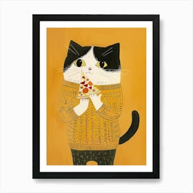 Happy Black And White Cat Eating Pizza Folk Illustration 1 Art Print