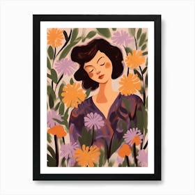 Woman With Autumnal Flowers Lilac Art Print