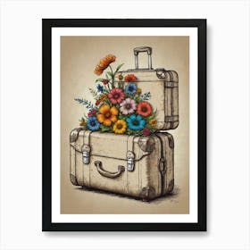 Vintage Suitcase With Flowers 1 Art Print