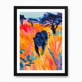 Black Lion Hunting In The Savannah Fauvist Painting 1 Art Print