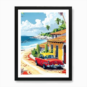 Red Car On The Beach Art Print