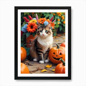 Cat In Front Of Pumpkins Affiche