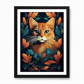 Orange Cat With Leaves Art Print