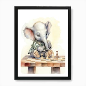 Elephant Painting Playing Chess Watercolour 1 Art Print