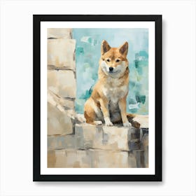 Shiba Inu Dog, Painting In Light Teal And Brown 3 Art Print