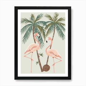 Lesser Flamingo And Coconut Trees Minimalist Illustration 2 Art Print