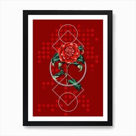 Vintage Mr. Reeves's Crimson Camellia Botanical with Geometric Line Motif and Dot Pattern n.0130 Art Print