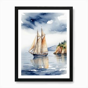 Sailing ship on the sea, watercolor painting 7 Art Print