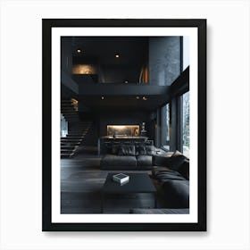 Dark Matt Black Interior Of Modern Minimal Mansion In Style Of Scandinavian Architecture, White Soft Lighting, Cinematic, John Wick Style Poster