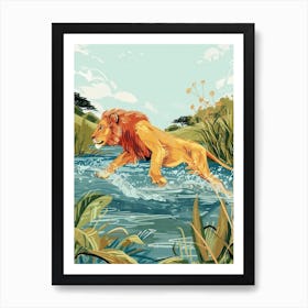 African Lion Crossing A River Illustration 2 Art Print