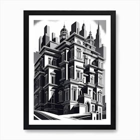 Mansion In The City, black and white art Art Print