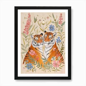 Folksy Floral Animal Drawing Tiger 5 Art Print