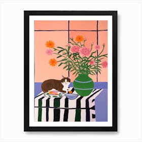 A Painting Of A Still Life Of A Aster With A Cat In The Style Of Matisse 4 Art Print