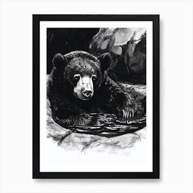 Malayan Sun Bear Relaxing In A Hot Spring Ink Illustration 1 Art Print