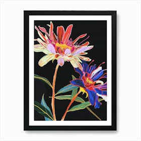 Neon Flowers On Black Asters 4 Art Print