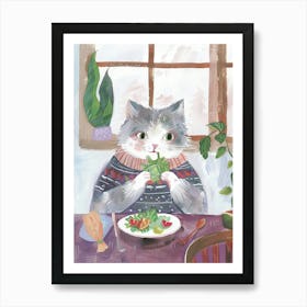 Cute Grey Cat Eating Salad Folk Illustration 1 Art Print