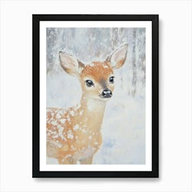 Fawn In The Snow. Acrylic Christmas Illustration for Kids Room. Nursery Art Print