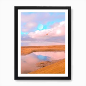 Moon Reflexion With Pink Seagull Art Print