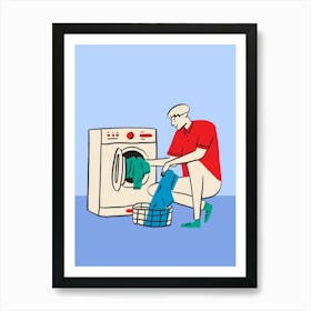 Man Washing Clothes In A Washing Machine Art Print