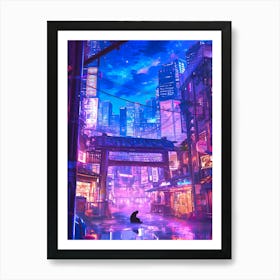 Lonely Cat in the Cyber City Art Print