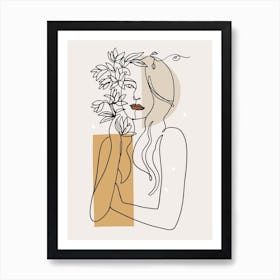 Woman With Flowers One Line Art Art Print