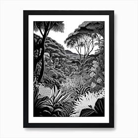 Kirstenbosch Botanical Gardens, 1, South Africa Linocut Black And White Vintage Art Print