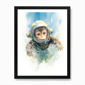 Monkey Painting Scuba Diving Watercolour 1 Art Print
