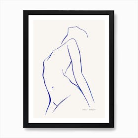 Minimal Blue Female Line Drawing Looking Up Art Print