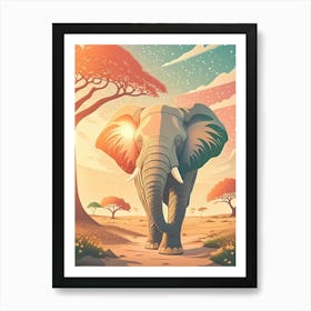 Elephant, Sunset Light In Forest; Animal Wildlife; Old Baobab Tree Art Print