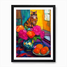 Peony With A Cat 2 Fauvist Style Painting Art Print