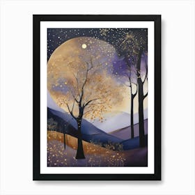 Cosmic Fall Night،
An ethereal boho painting that captures the beauty of a fall night sky. The background is a deep navy, speckled with tiny stars, while the foreground features silhouettes of autumn trees in shades of charcoal and dark olive. The moon is painted in a glowing silver, surrounded by soft wisps of mist in pale gold and lavender.
.11 Art Print