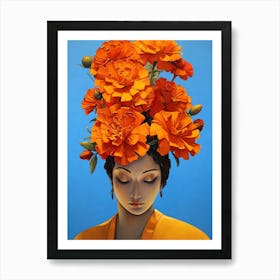 Orange Flowers On A Woman'S Head Art Print