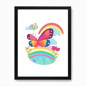 Butterfly On Rainbow Scandi Cartoon 1 Art Print