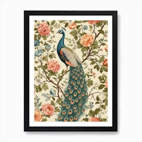 Vintage Peacock Floral Cream Wallpaper Art Print